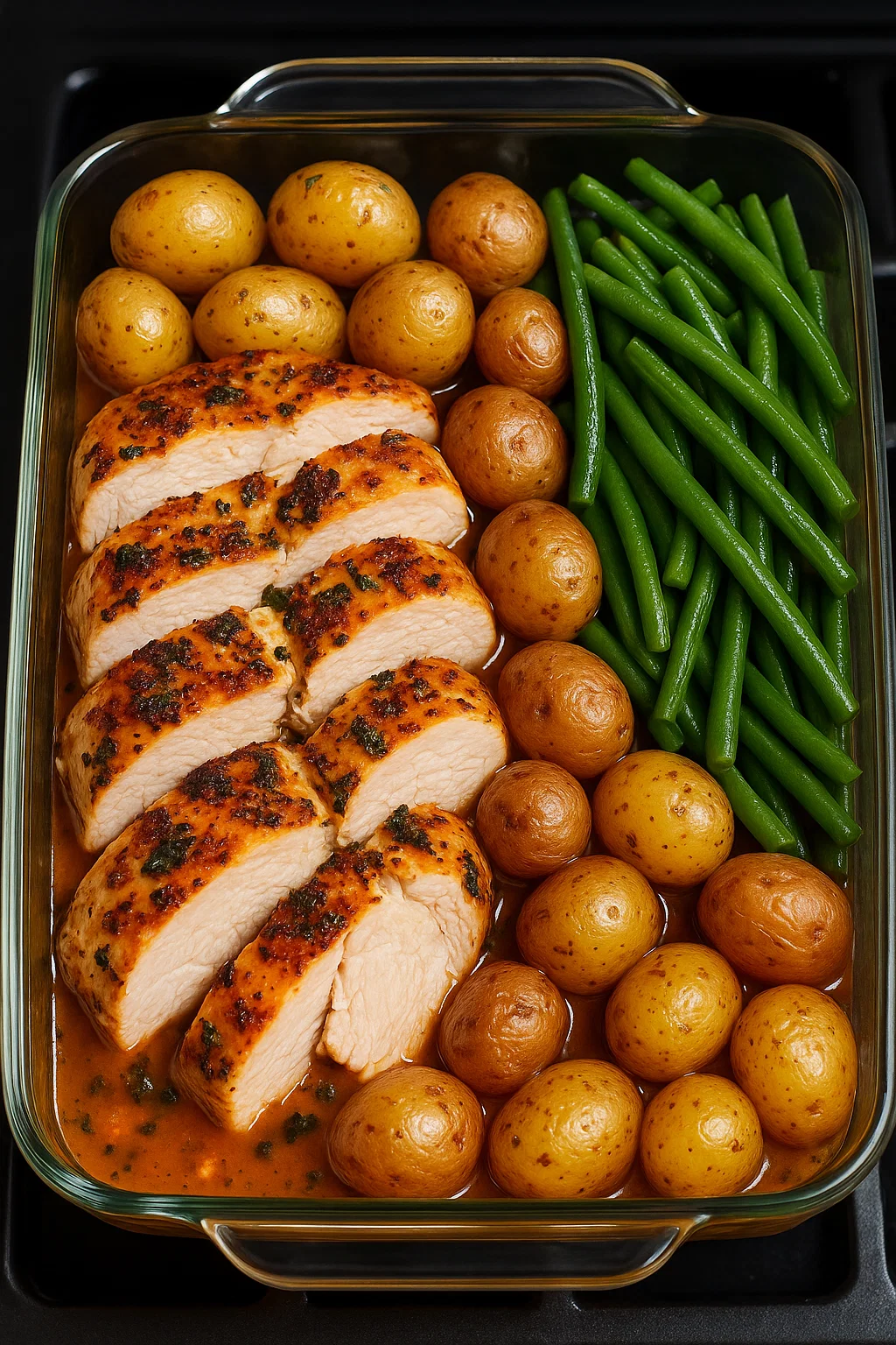 Poulet grillé avec des pommes de terre et des haricots verts.