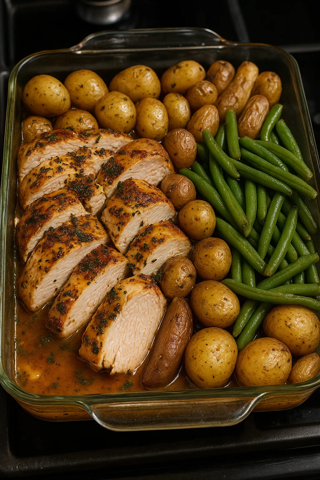 Un plat de poulet aux herbes et ail, pommes de terre et haricots verts au four.