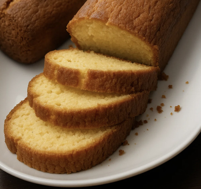 Quatre-quarts de cake sur un plateau.