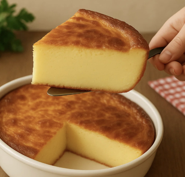 Une personne tire une tranche de flan maison moelleux d'un bol.