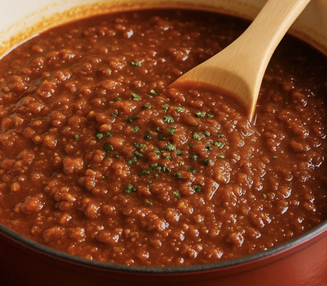Une sauce à spaghetti maison est dans un bol en terre rouge.