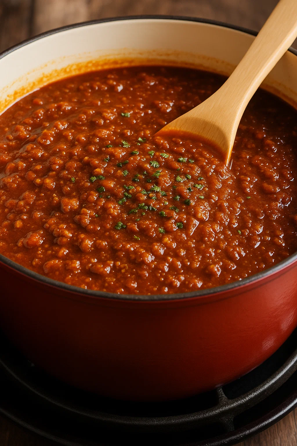 Une sauce à spaghetti maison est dans un bol en terre rouge.