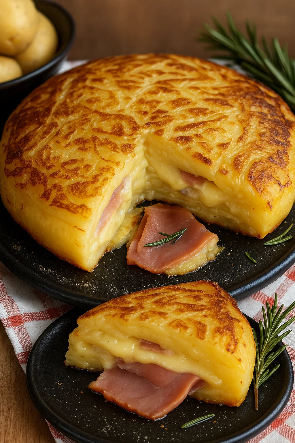 Une portion de gâteau de pommes de terre farci au jambon et fromage.