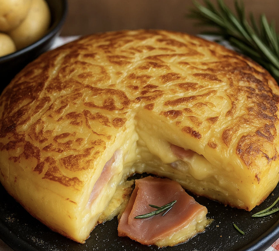 Une tranche de gâteau de pommes de terre farci au jambon et fromage.