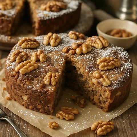 Une portion de gâteau moelleux aux noix, avec des noix sur le dessus et des flocons de caramel sur le dessous.