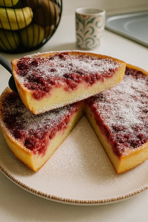 Une tarte aux framboises sur une plaque de verre.