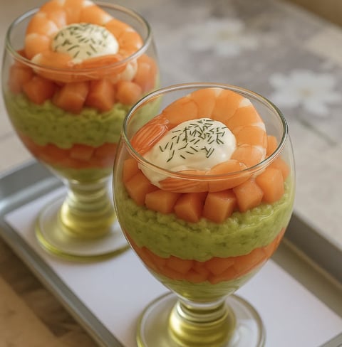 Des verrines de fruits et de crustacés.