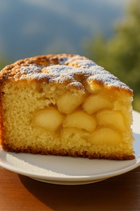 Une portion de gâteau aux pommes sur une plaque de verre.