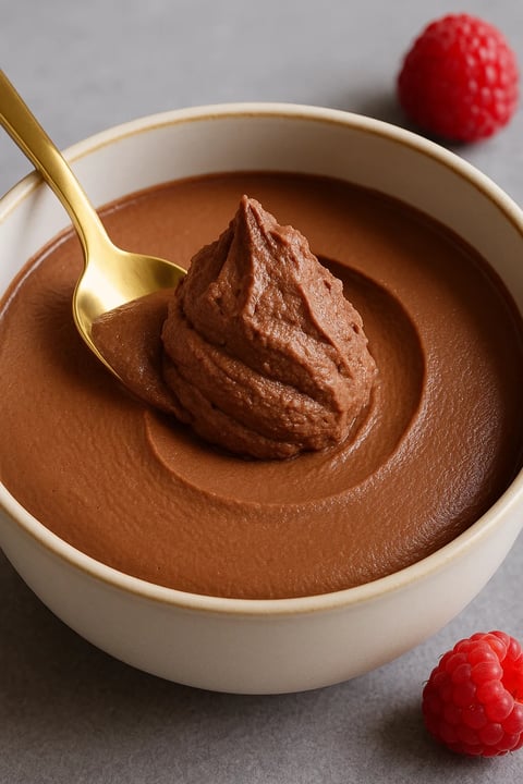 Une cuillère en or est plongée dans une mousse au chocolat.