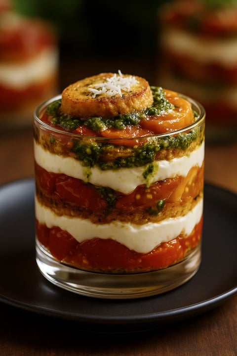 Un dessert salé avec des tomates et de la mozzarella dans un verre.