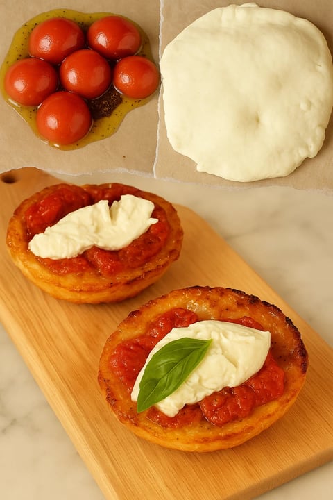 Une tarte tatin aux tomates cerises et burrata.