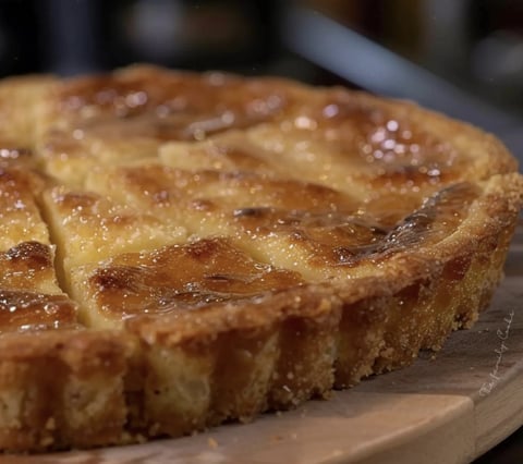Une tarte au sucre ch'ti du Nord est servie sur une table.