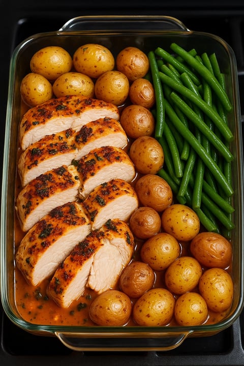 Poulet grillé avec des pommes de terre et des haricots verts.