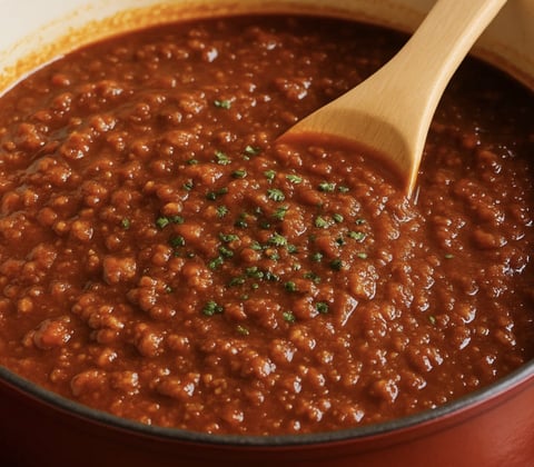 Une sauce à spaghetti maison est dans un bol en terre rouge.